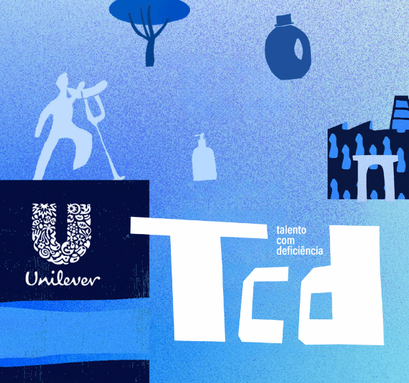 Imagem com fundo azul e elementos da identidade visual de Talentos com Deficiência e logo da Unilever