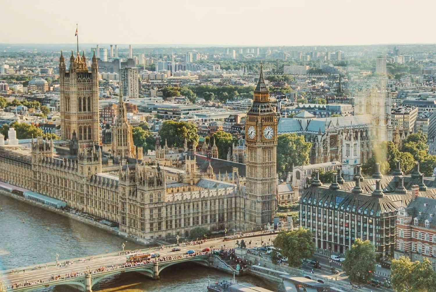 View of Big Ben and the Houses of Parliament by the river.
