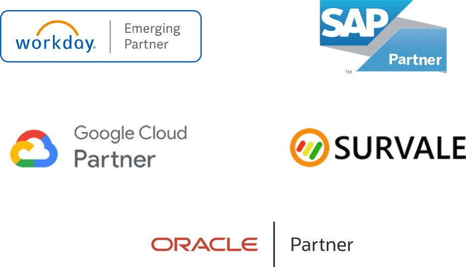 Partner Logos: Workday, Google Cloud Platform, Oracle, Survale and SAP
