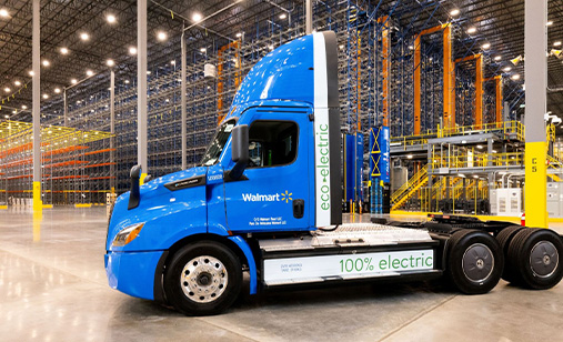 electric semi truck in a warehouse