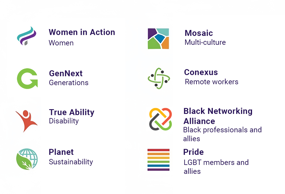 Women in Action, women. Mosaic, multi-culture. GenNext, Generations. Conexus, remote workers. True ability, disability. Black networking alliance, black professionals and allies. Planet, sustainability. Pride, LGBT members and allies.