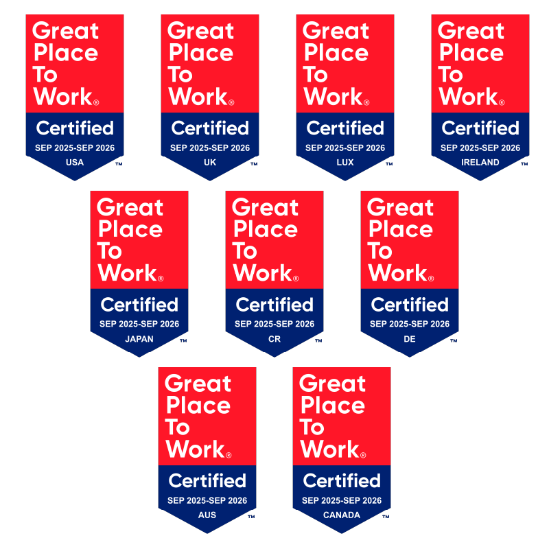 Great Place to Work Awards for various time periods from 2022-2023 in the USA, UK, Canada, Ireland, Germany, and Australia