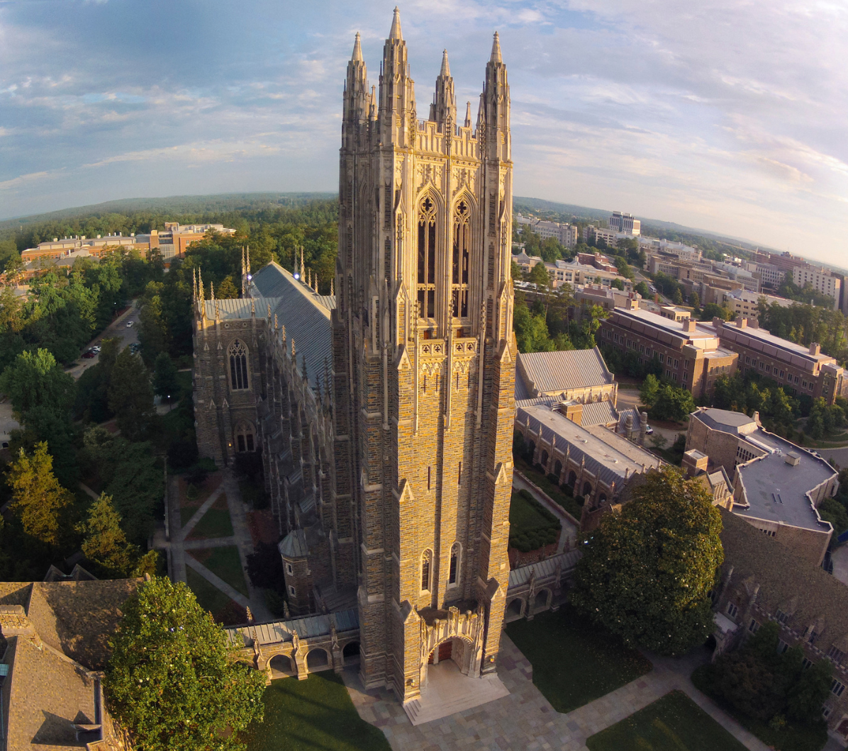 Aerial view of the chapel on the Duke University campus.