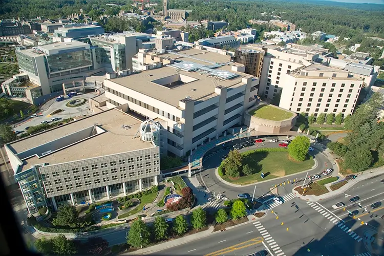 aerial view of Duke University Hospital and the surrounding city area
