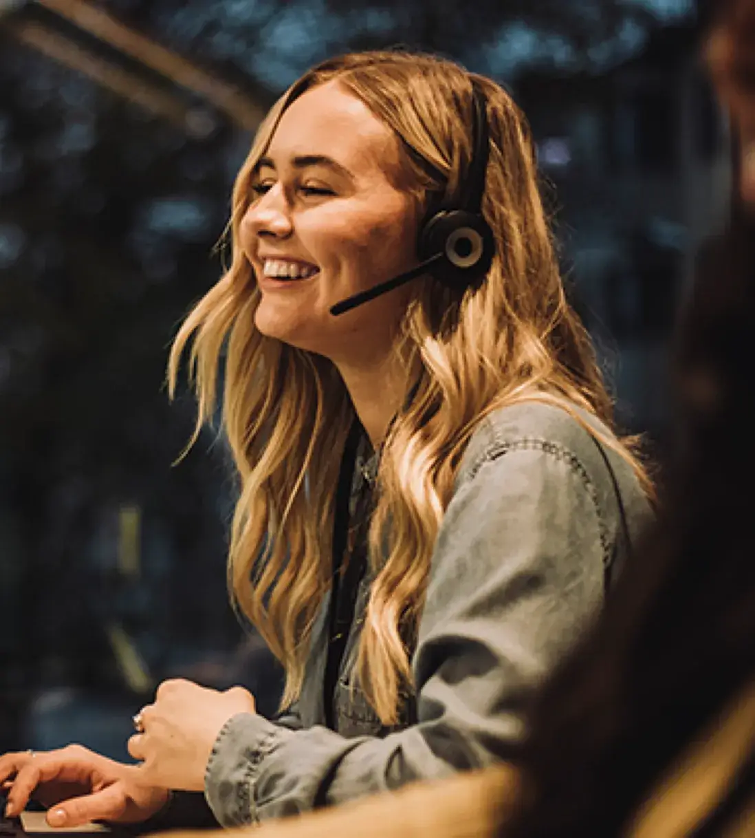 Woman talking on a headset
