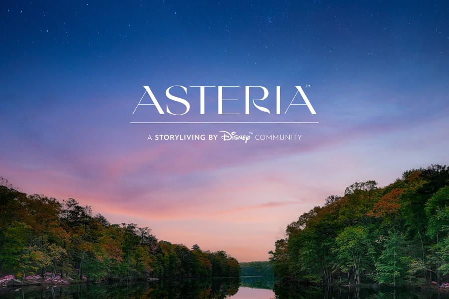 Logo that reads Asteria Storyliving by Disney against a purple skyline with forests and a river