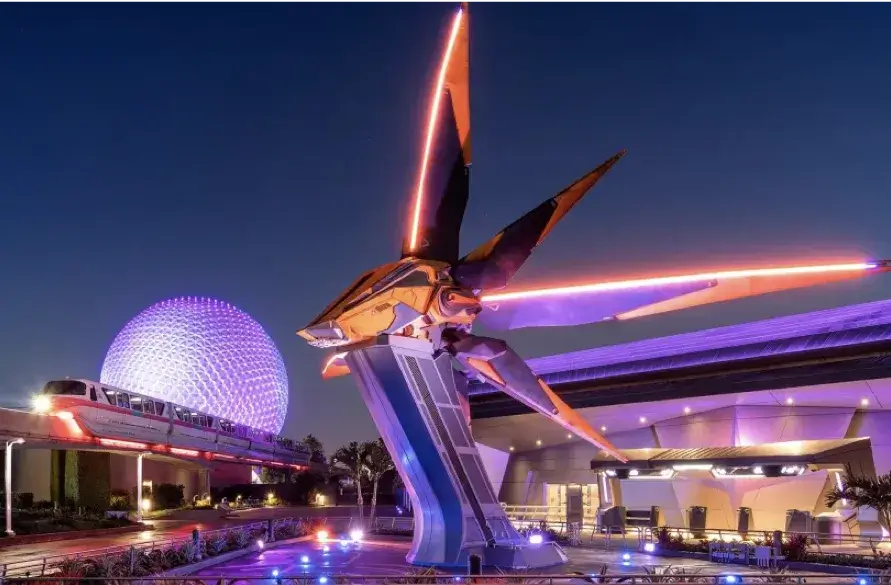 nighttime view of the Spaceship Earth attraction at Walt Disney World in Florida