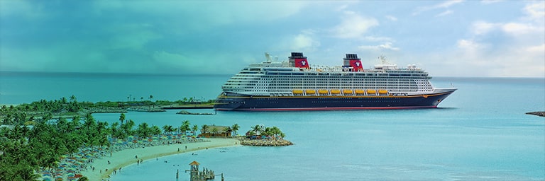 A Disney Cruise Ship pulling into a tropical port.