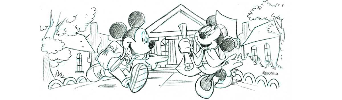 Mickey and  Minnie standing outside school.