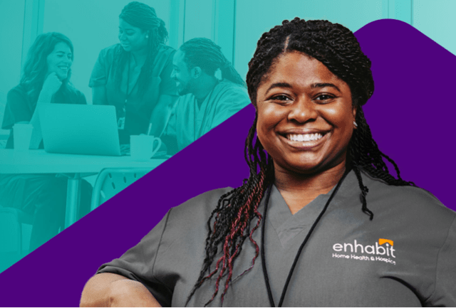 Nurse smiling in front of a teal background