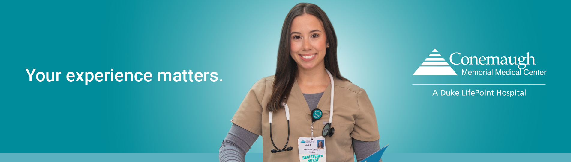 Banner graphic with image of nurse and text "your experience matters."