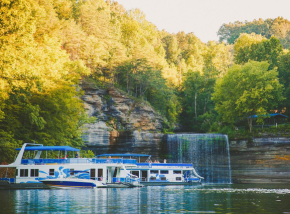 image of boat, waterfall, and trees