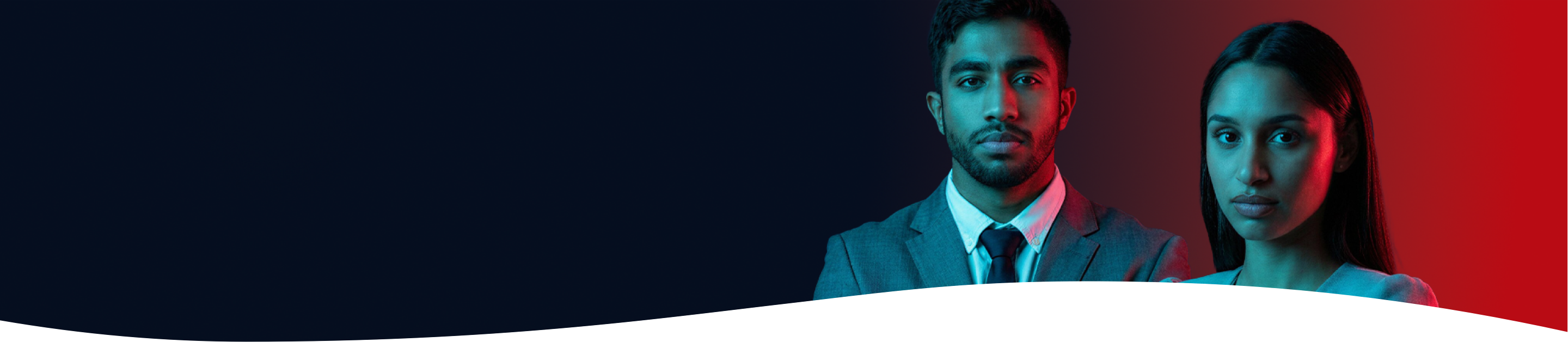 2 people in suits looking at the camera, looking determined, with a red and dark red background