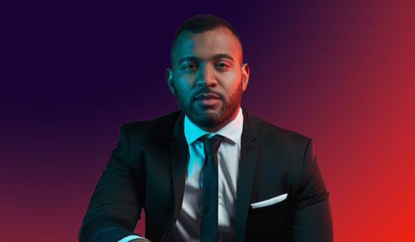 Man in a suit with a red and dark red background