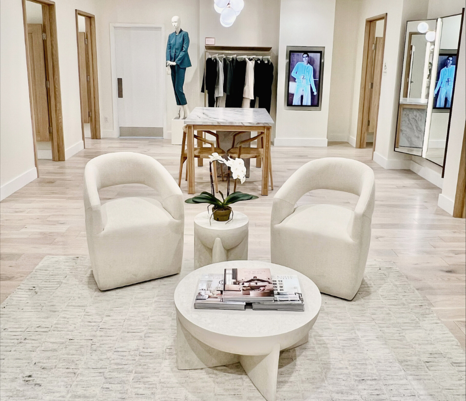 Ann Taylor fitting room with white chairs.