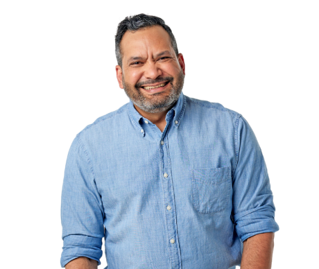 Man in blue button-down shirt.