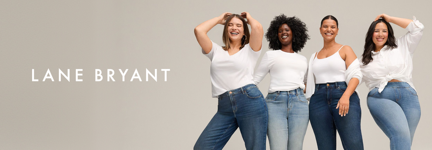 Lane Bryant logo next to four women in jeans and white tops.