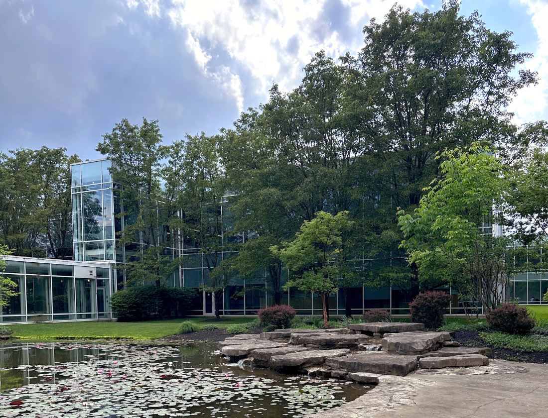 Exterior of Lane Bryant's home office with trees and a pond.