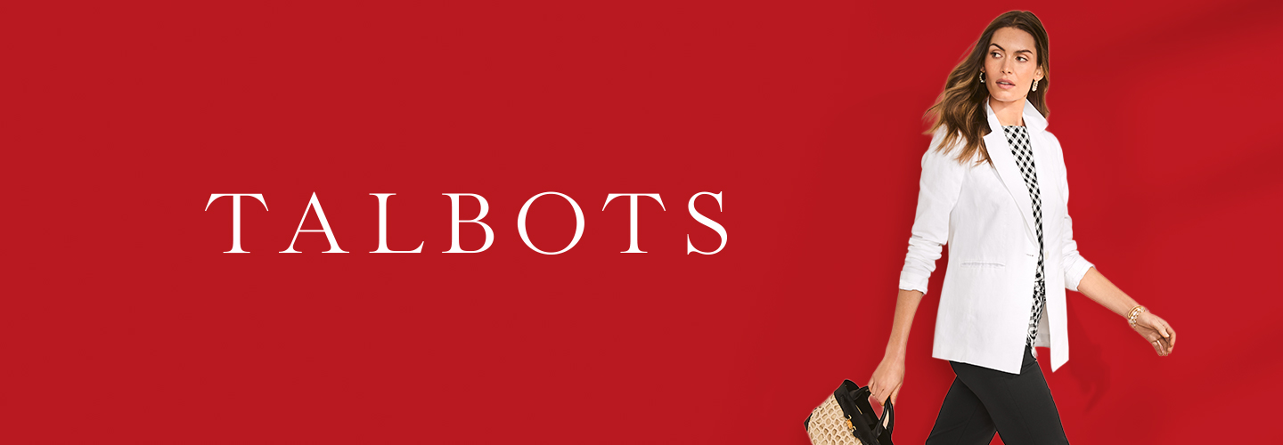 Talbots store name on red background and 1 woman in Talbots clothes