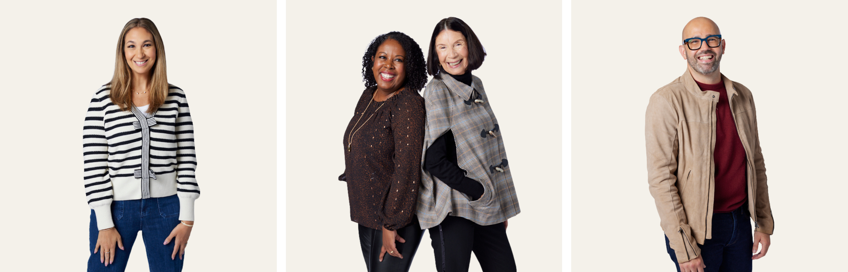 Beige background with three people standing and smiling.