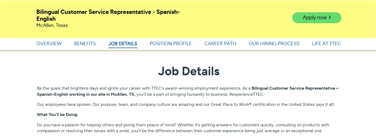 Bilingual customer service job listing on TTEC.