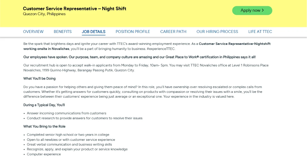 Image of night shift customer service job listing
