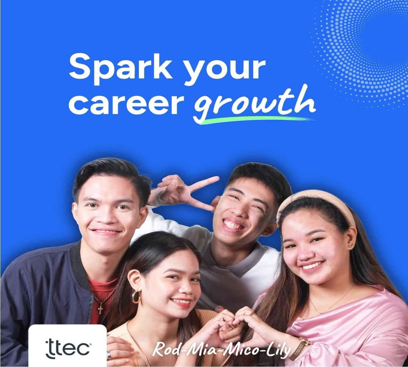 Four young TTEC employees smiling and posing playfully under the text "Spark your career growth" on a blue background.