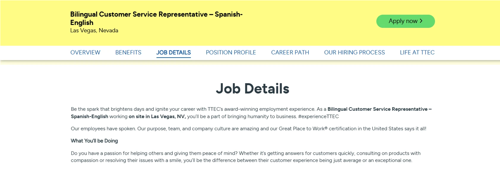 TTEC bilingual customer service job listing