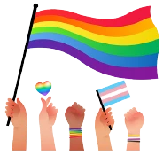 Hands holding up various pride flags