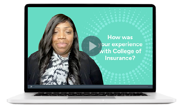 Laptop screen with a woman next to the question, &quot;How was your experience with College of Insurance?&quot;
