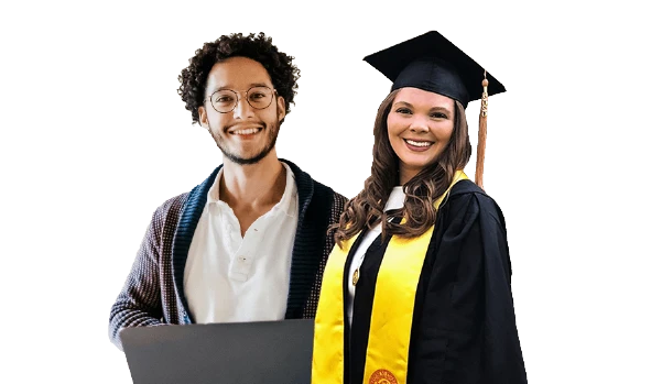 Two people smiling at the camera. One is wearing a graduation hat and gown while the other is holding a laptop