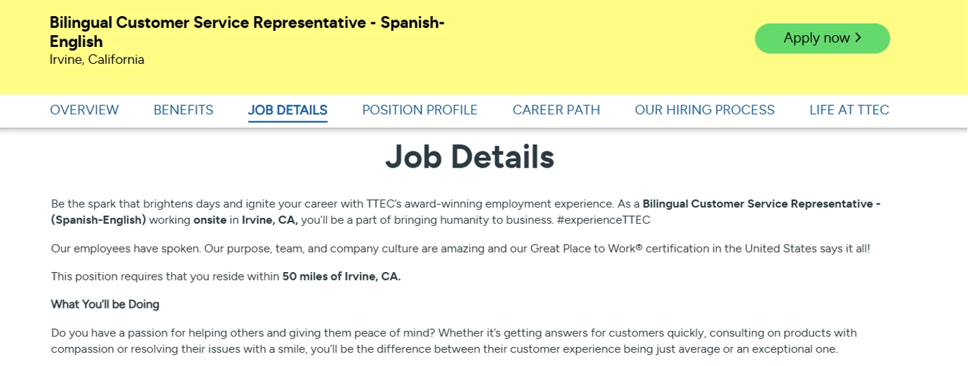 Image of bilingual customer service job listing on TTEC
