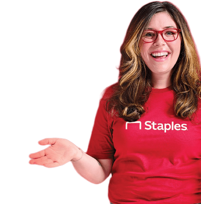 Red banner with the text “To your benefit. Supporting you and your very important people.” on the left and a person in a red Staples t-shirt on the right.