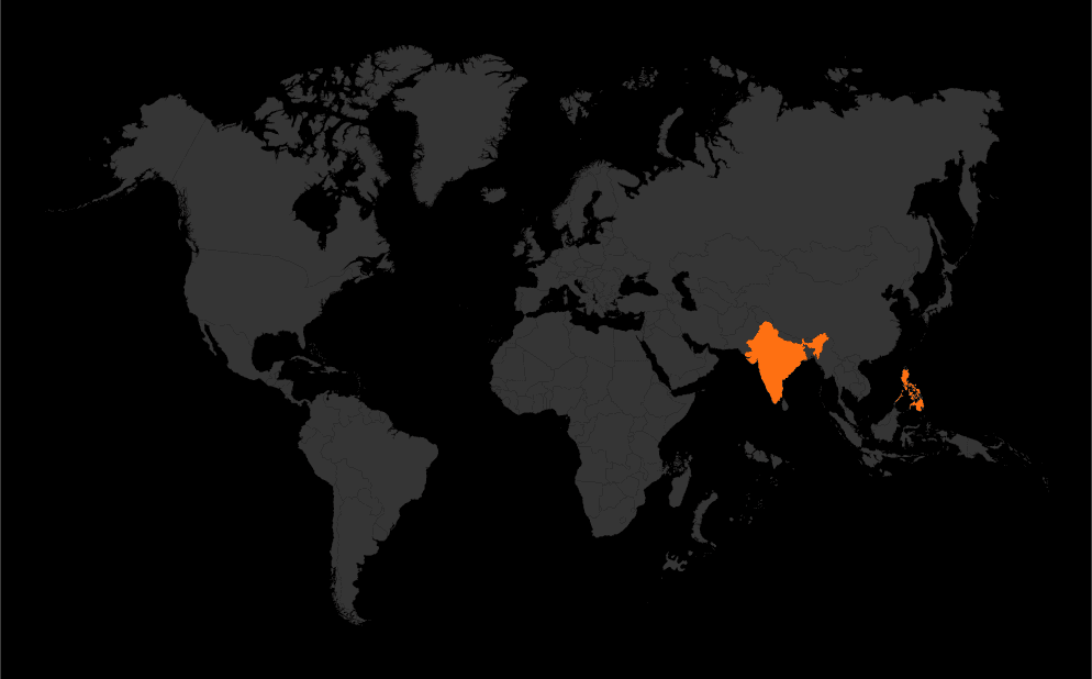 map of the world with India and Philippines highlighted