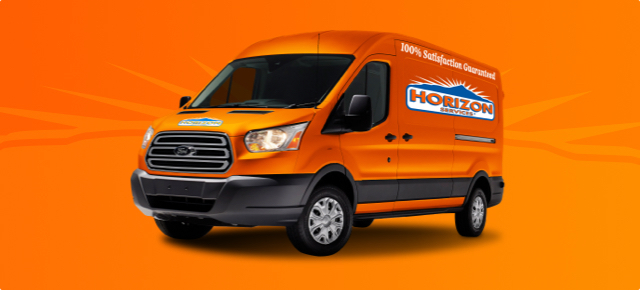 An orange service van with the Horizon Services logo and the slogan '100% Satisfaction Guaranteed' on the side.