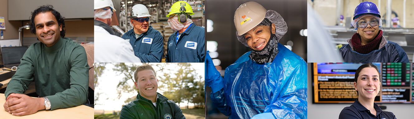 A collage of Perdue employees, both men and women, working in their various roles.