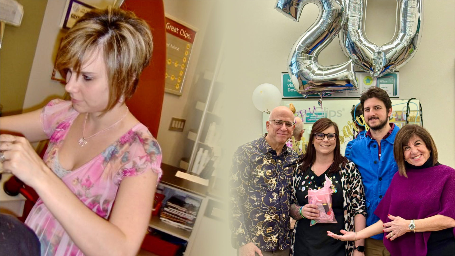 Leslie cutting hair in 2009, next to Leslie celebrating her 20th anniversary with her franchise