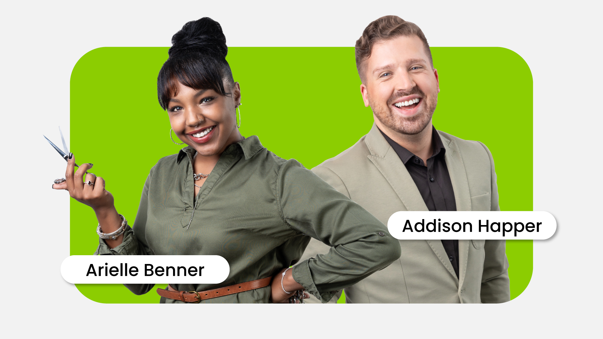 Ari and Addison of the National Design Team smile on a lime green background. Ari is wearing a belted dress and her hair is in a bun. She has shears in her hand. Addison is wearing a khaki sport coat.