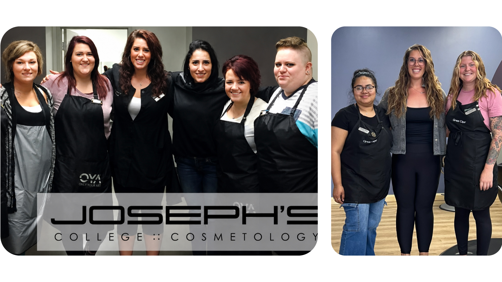 Image of Tasha smiling with students at her previous cosmetology school, next to image of Tasha with coworkers at her Great Clips salon