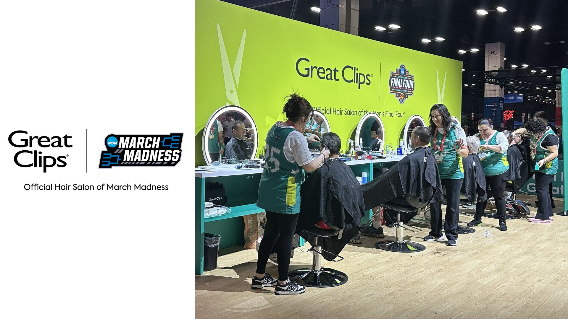 Great Clips stylists cut hair at the March Madness Fan Fest. A white footer contains the logos for Great Clips and March Madness, with the caption: Official Hair Salon of March Madness.