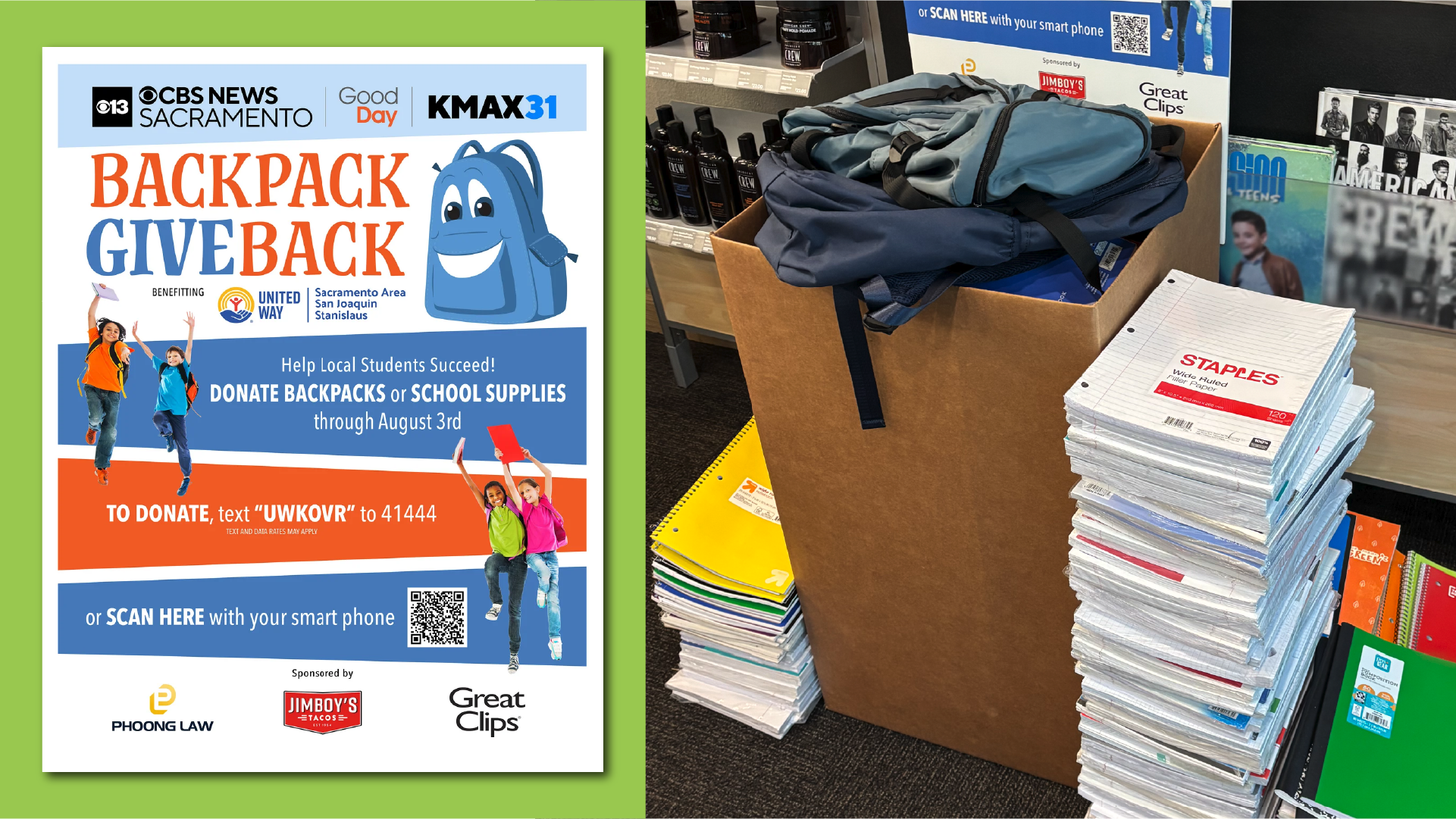 A stack of school supplies next to a box of backpacks inside a Great Clips lobby.