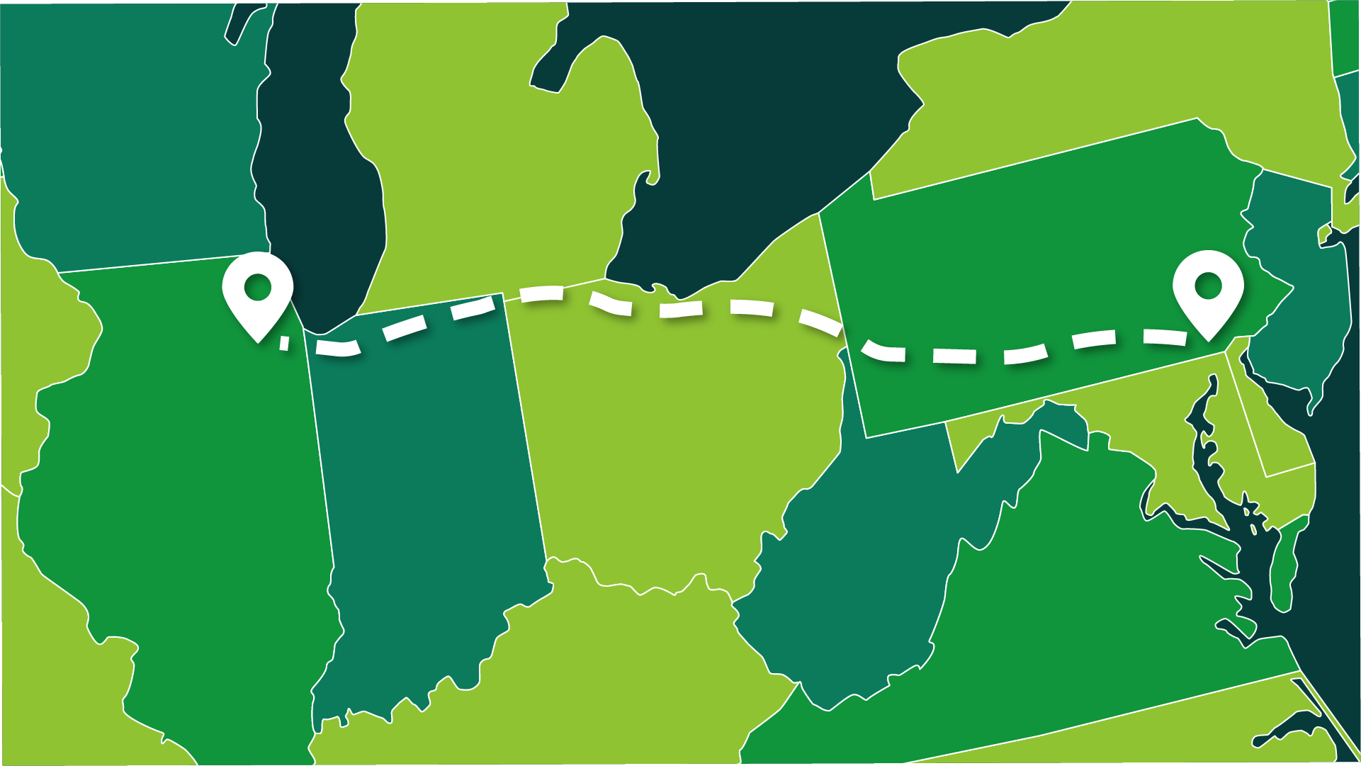 a white dotted line from Illinois to Pennsylvania over a map of states in shades of green