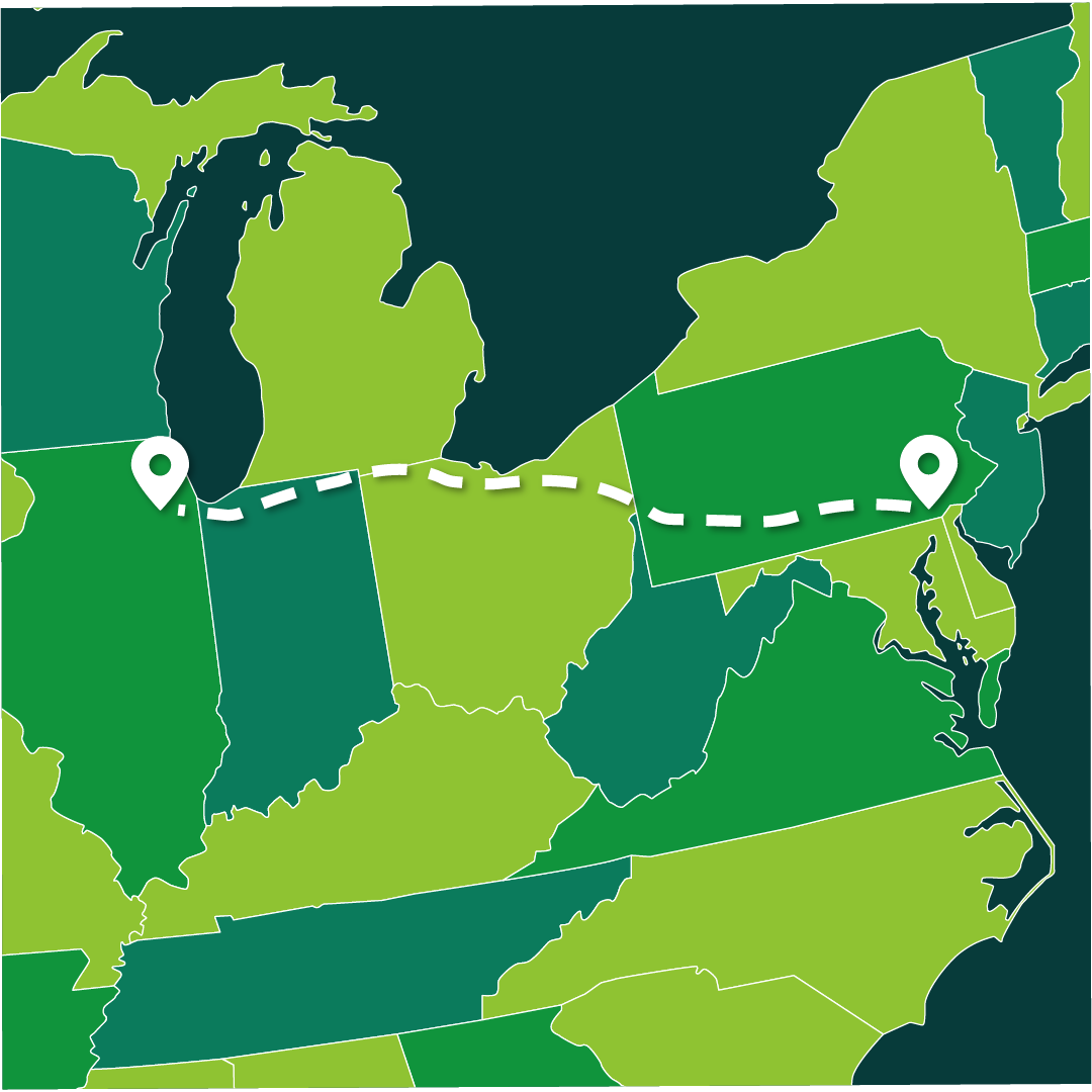 A map showing a white dotted line from Illinois to Pennsylvania over states in shades of green