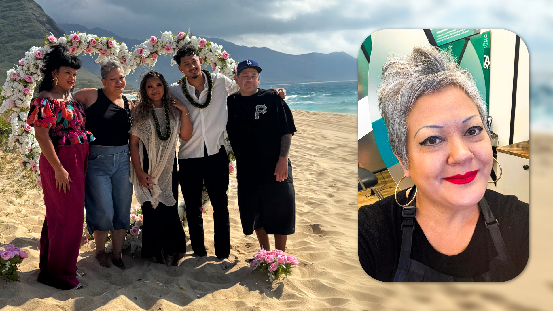An image of Mei smiling in her salon overlaid next to an image of Mei and her family on the beach