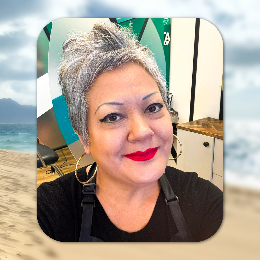 A picture of Mei in her salon overlaid on a background photo of the beach in Hawaii