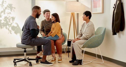 joyful medical professional with a family