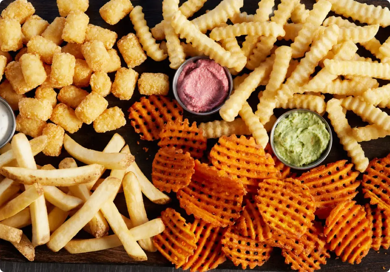Tater tots, crinkle, wavy, and straight-cut fries