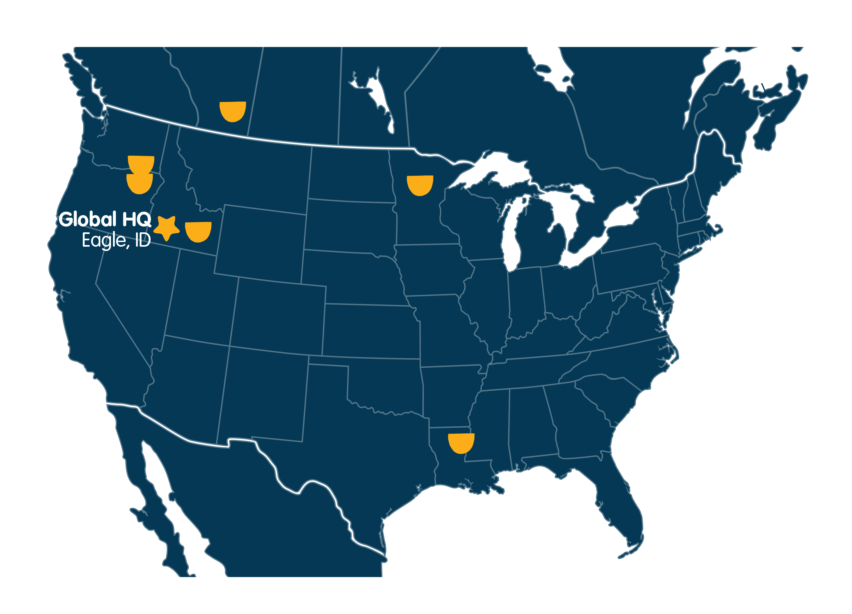 Map of North America, with a star in Idaho and markings in Alberta, Washington, Oregon, Minnesota, Louisiana