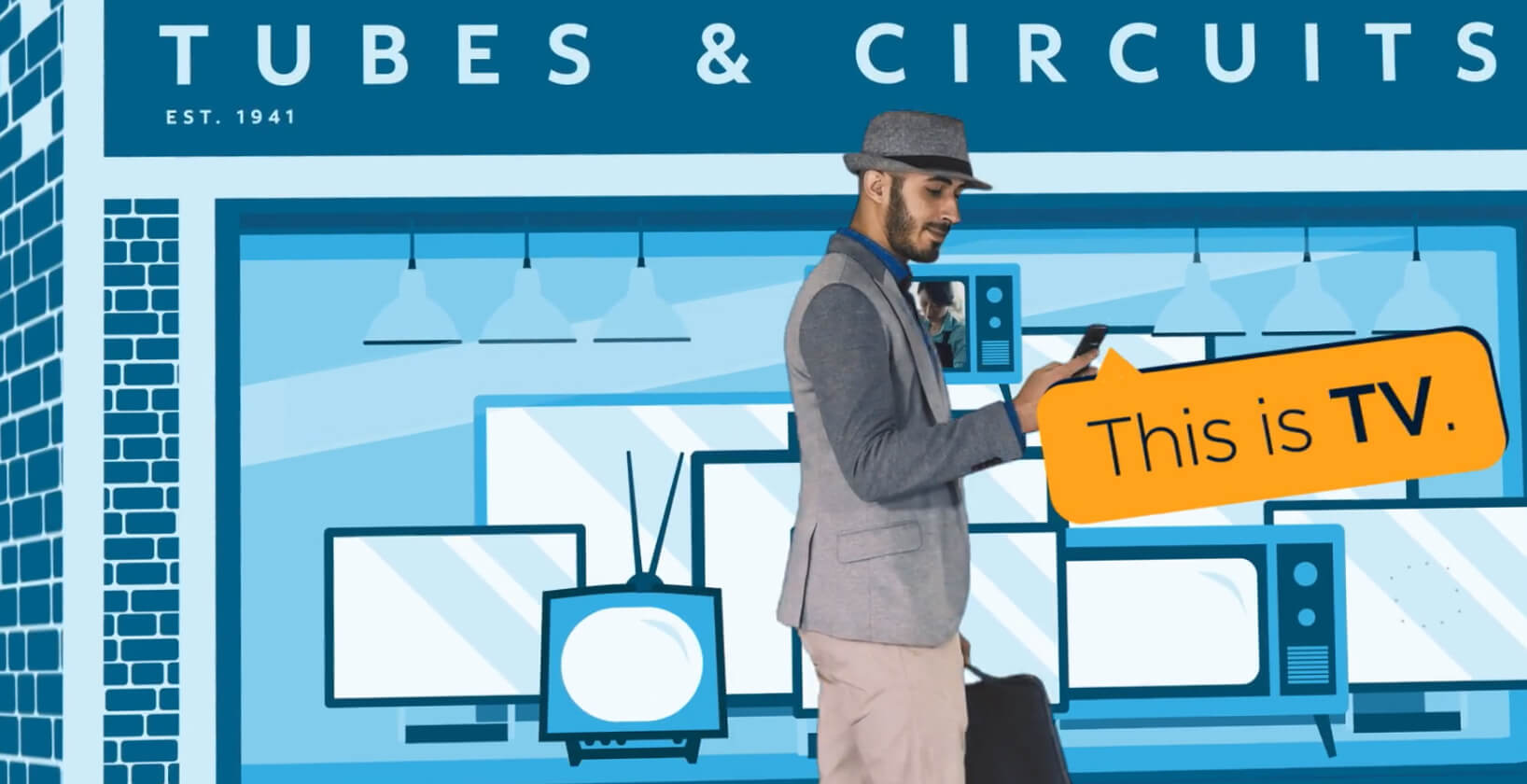 man walking by a electronics store with a speech bubble showing the text 'This is TV'