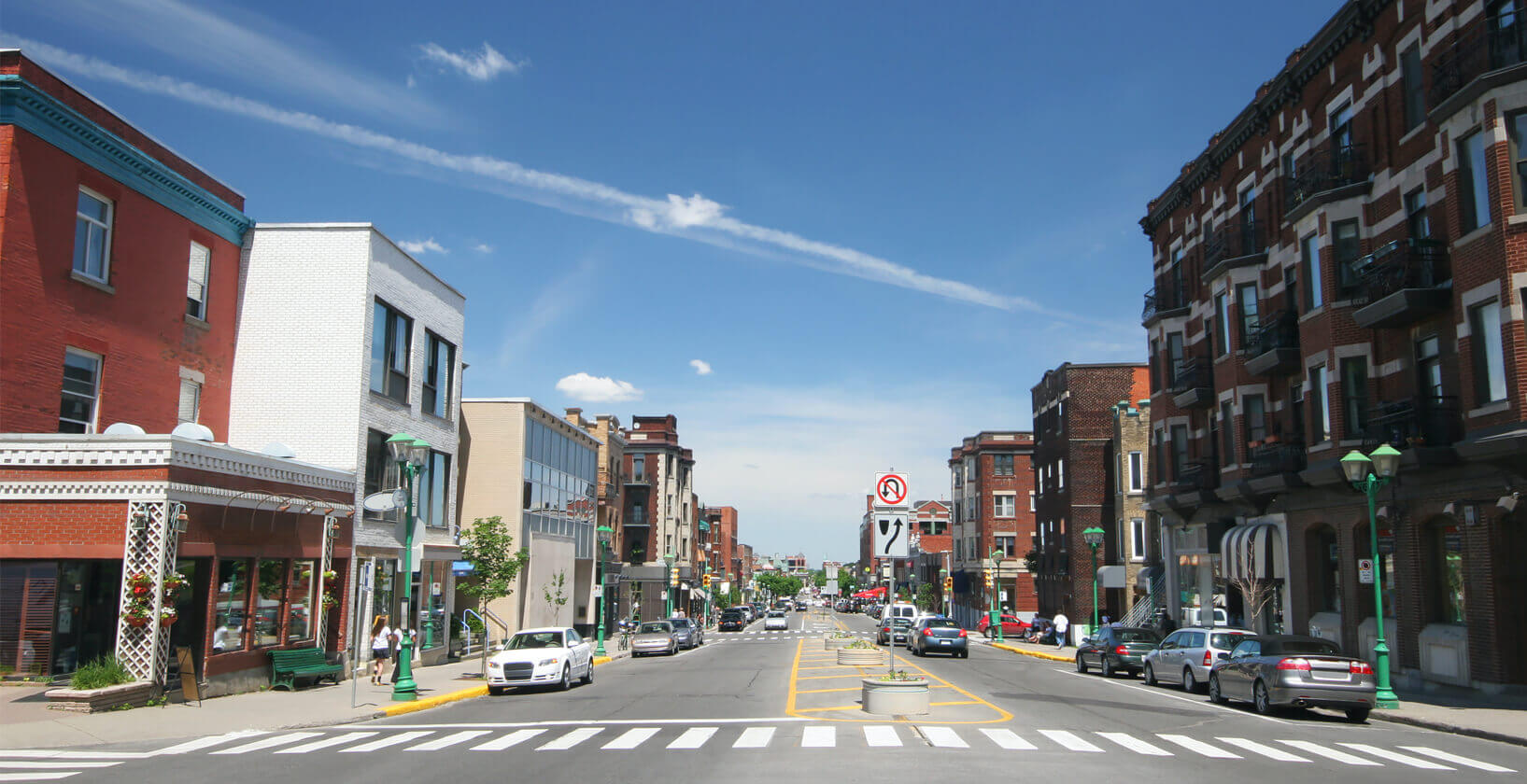 street level view of a small town's downtown area